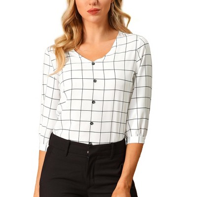 INSPIRE CHIC Women's V Neck 3/4 Sleeves Ligthweight Check Plaid Blouses