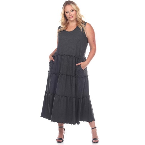 Women's Plus Size Scoop Neck Tiered Midi Dress Gray 1x - White