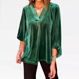 Womens Velvet Tops 3/4 Lantern Sleeve V Neck Flowy Blouse Elbow Sleeve Fall Blouse Elegant Velvet Shirts Christmas Party Holiday Tunic Shirts - 1 of 4