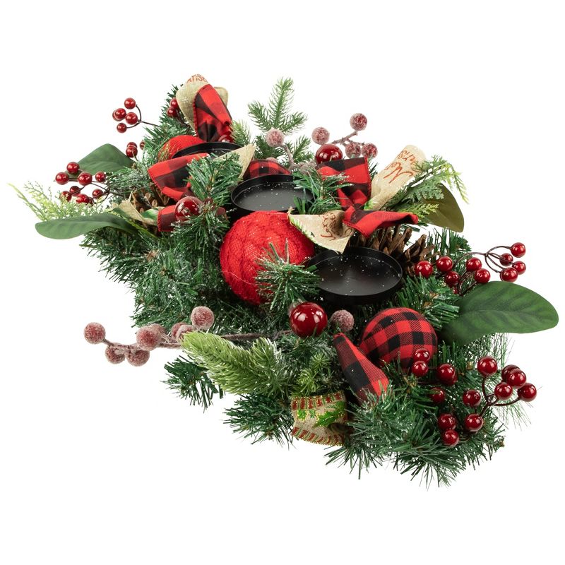Northlight 30" Green Pine Triple Candle Holder with Bows and Plaid Christmas Ornaments, 4 of 6