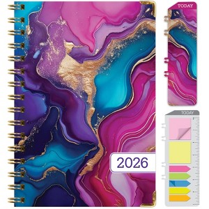 HARDCOVER 2026 Planner, 5.5"x8": 14 Months (Nov 2025-Dec 2026), Daily/Weekly/Monthly,  Bookmark, Pocket Folder w Sticky Notes (Pink Purple Marble) - 1 of 4