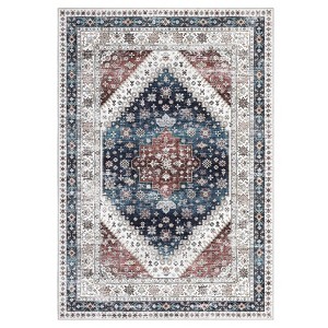 Washable Carpet, Vintage Distressed, Non-Slip, Non-Shedding Backing, Floor Cover, Soft, Short Pile, Foldable, Floral Badge Print Decorative Carpet - 1 of 4