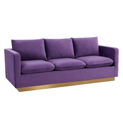 LeisureMod Nervo Mid-Century Modern Sofa Upholstered in Velvet with Gold Frame