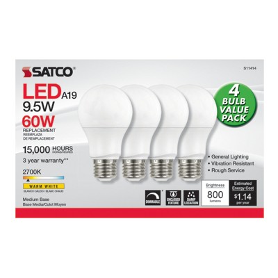 Satco . A19 E26 (Medium) LED Bulb Warm White 60 Watt Equivalence 4 pk