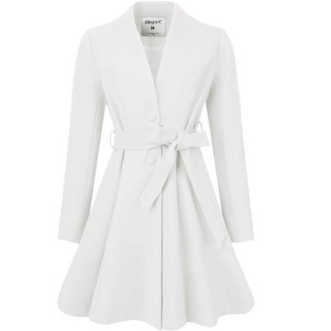 INSPIRE CHIC Women's Vintage Collarless Winter Elegant A-Line Coats with Belt White Large