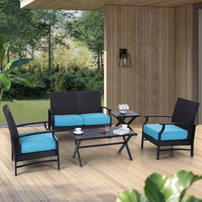 5pc Patio Conversation Set with Rattan Wicker Loveseat & 2 Tables - Captiva Designs