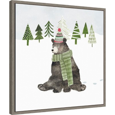 Woodland Christmas Bear Canvas Print with Grey Frame 22 x 22