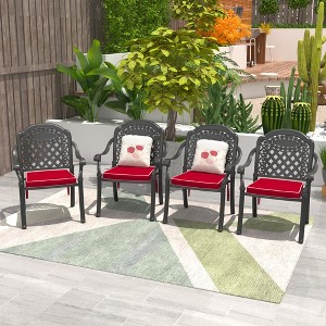Cast Aluminum Patio Stacking Armchair With Black Frame And Cushions In Red Colors - 1 of 4