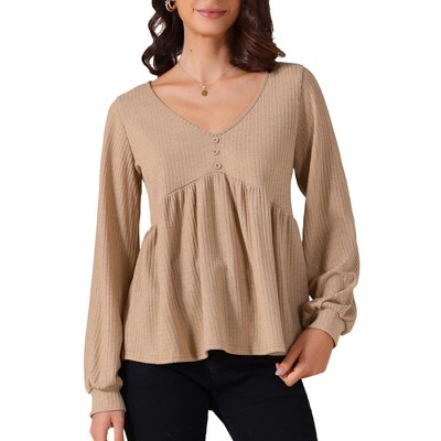 INSPIRE CHIC Women's Knit Peplum V Neck Long Lantern Sleeve Ruffle Hem Sweater