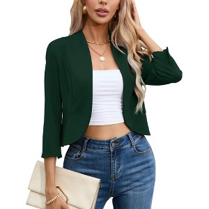 YESFASHION Women's Open Front Office Work Business  3/4 Sleeve Casual Lightweight 2025 Summer Crop Suit Blazer - 1 of 4