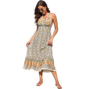 Women's Summer Maxi Dress Casual Floral V Neck Boho High Low Flowy Long Sun Dresses - 1 of 4
