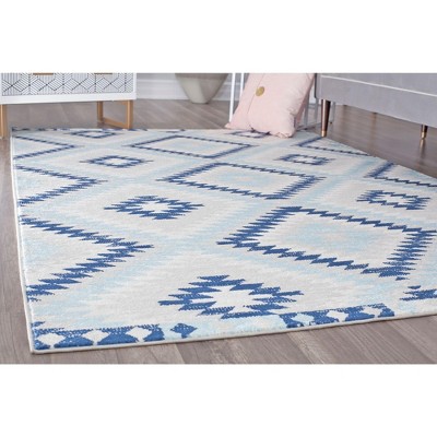 Ice Blue and Multicolor Synthetic Stain-Resistant Runner Rug