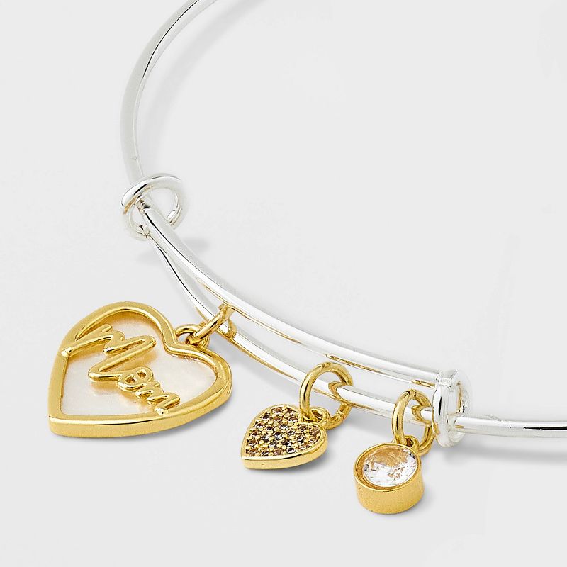 Stainless Steel with Gold Dipped Two Tone &#34;Mom&#34; Mother of Pearl Heart Cubic Zirconia Bangle Bracelet - Gold/Silver, 3 of 4