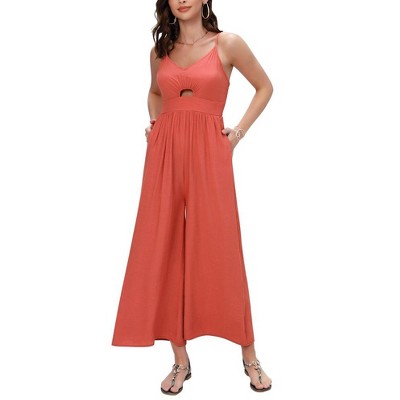 Women's Summer V Neck Spaghetti Strap Sleeveless Jumpsuits CutOut Smocked Long Wide Leg Rompers With Pockets Burnt Caramel XXL