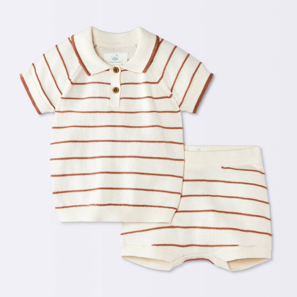 Baby Boys' 2pc Striped Crochet Sweater Polo Top and Shorts Set - Cloud Island™ Brown Newborn