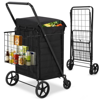 Folding Shopping Cart with Wheels Rolling Foldable Grocery Cart w/Double Basket