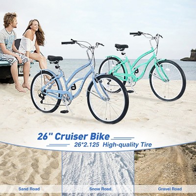 26 Inch Cruiser Bike, 7 Speed Multiple Colors Men's Women's Beach Cruiser Bike with Front and Rear V-brakes