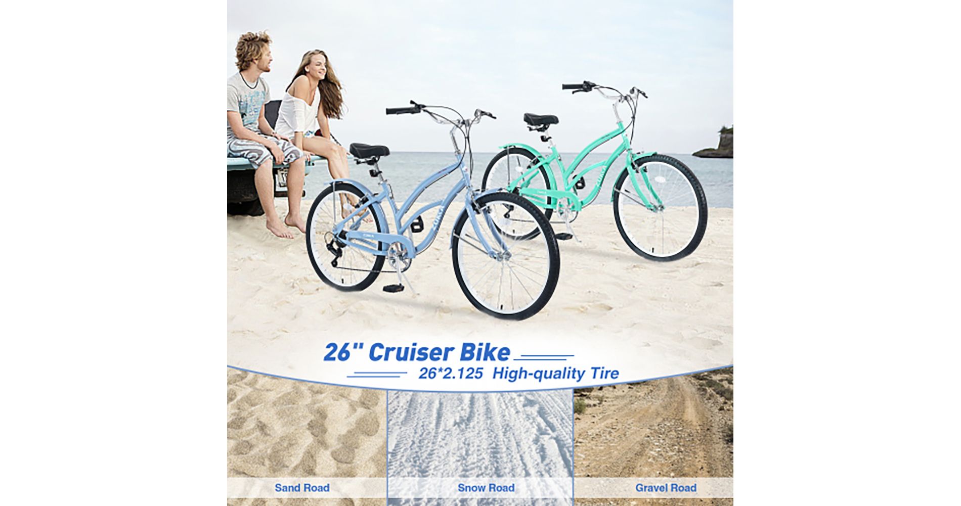 26 Inch Cruiser Bike, 7 Speed Multiple Colors Men's Women's Beach Cruiser Bike with Front and Rear V-brakes