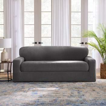 Sure Fit 2pc 96" Wide Cedar Stretch Textured Sofa Slipcover Black