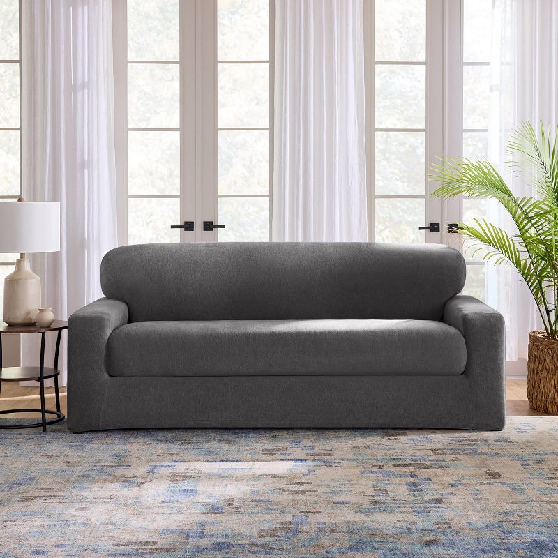 Sure Fit 2pc 96&#34; Wide Cedar Stretch Textured Sofa Slipcover Black, 1 of 8