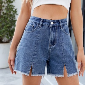 Womens High Waist Denim Shorts Slit Straight Leg Frayed Shorts with Pockets for Summer - 1 of 4