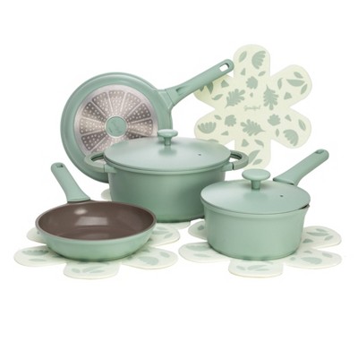  New 12PC Ceramic Cookware Set Saucepan Pot Glass LID Kitchen  Fry PAN Frying Non Stick, Professional Quality, Spiral Bottom, Transparent  Glass LID (Color : Green): Home & Kitchen