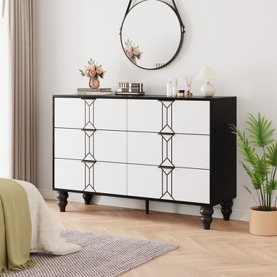 Whizmax Modern Wooden 5 Drawer Dresser with Vintage Pattern Design, Tall Dresser with Deep Drawers for Bedroom and Living Room, Black and White