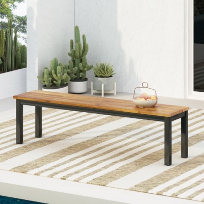 Wooden Patio Dining Bench with Metal Frame, Outdoor Patio Furniture,Comfortable Backyard Furniture for Porch, Garden, Deck–Maison Boucle