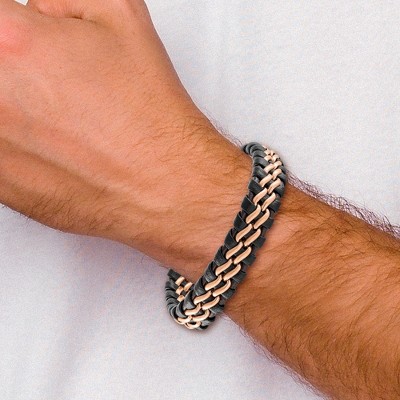 Chisel Stainless Steel Brushed Rose IP-plated Dark Brown Leather 8.5" Bracelet