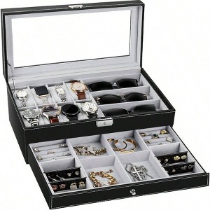 Lockable Jewelry Organizer with Glass Top PU Leather, Black - 1 of 4