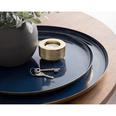 Navy Blue and Gold Round Metal Tray Set, 2 Piece
