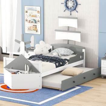Twin Size Boat-Shaped Platform Bed with Trundle Bed and Storage Footboard-ModernLuxe