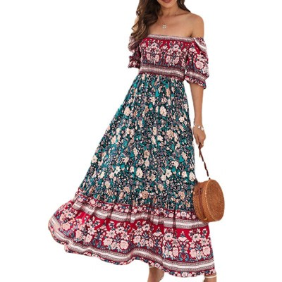Dresses for Women Boho Floral Print One Shoulder Puff Short Sleeve Ruched High Waist Flowy Vacation Summer Maxi Dress