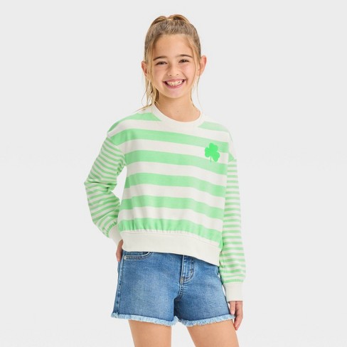 Girls' St. Patrick's Day Striped Pullover Sweatshirt - Cat & Jack™ Green/ cream L Plus : Target