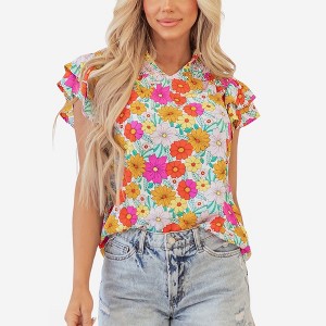 Amaryllis Women’s Retro Floral Print Ruffle Sleeve Smocked Neck Blouse Colorful Vintage-Inspired Top- Small ,Multicolored - 1 of 4