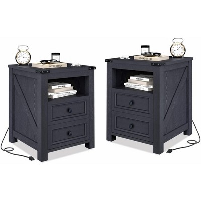 Dyonery Modern Wood End Table with Charging Station,Rustic 18 Inch Bedside Table with 2 Storage Drawers and Open Shelf,  for Bedroom,Living Room