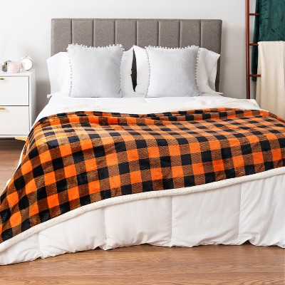Black and Orange Buffalo Plaid Sherpa Fleece Reversible Blanket