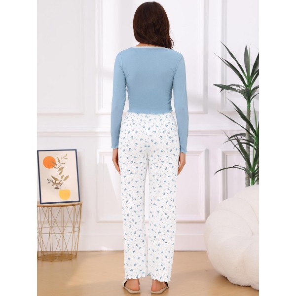 Conjunto de pijama de 2 piezas para mujer INSPIRE CHIC con blusa de manga larga con encaje, estampado de corona y pantalones acanalados 4
