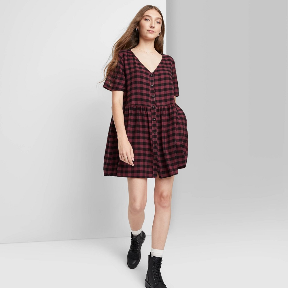 Size XXL Women's Short Sleeve Button-Front Woven Shirtdress - Wild Fable Wine Plaid Red Plaid