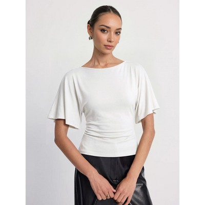 Nlife Women's Boat-neck Batwing Sleeves Solid Color Tee Shirt