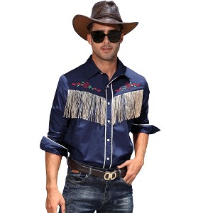 Men's Western Cowboy Fringe Shirt Long Sleeve Rose Embroidered Slim Fit Button Down Shirt - 1 of 4