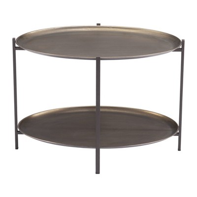 HomeRoots 26" Antiqued Bronze and Black Steel Oval Two Tier Coffee Table