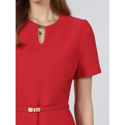 Женские платья INSPIRE CHIC Women's Elegant A-Line Choker V Neck Belted Wear to Work Fit and Flare Dress Medium Dark Red — фото 3