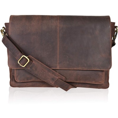 Leather Messenger Bag for Men and Women - Laptop Briefcase Bag For College, Office, Adjustable Shoulder Strap (Wood)
