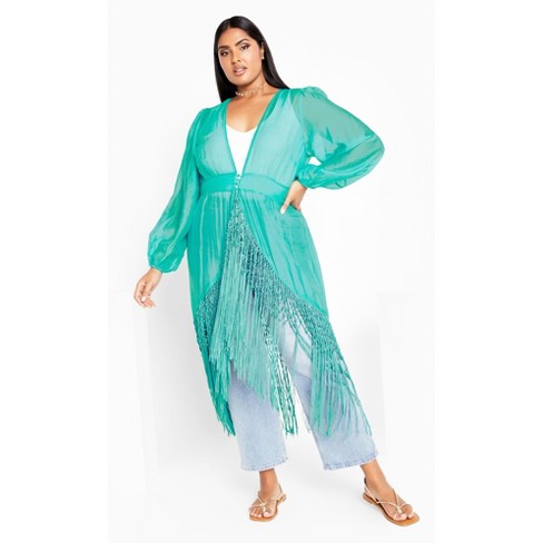 Women's Plus Size Calypso Fringe Jacket - lagoon | CITY CHIC - image 1 of 4