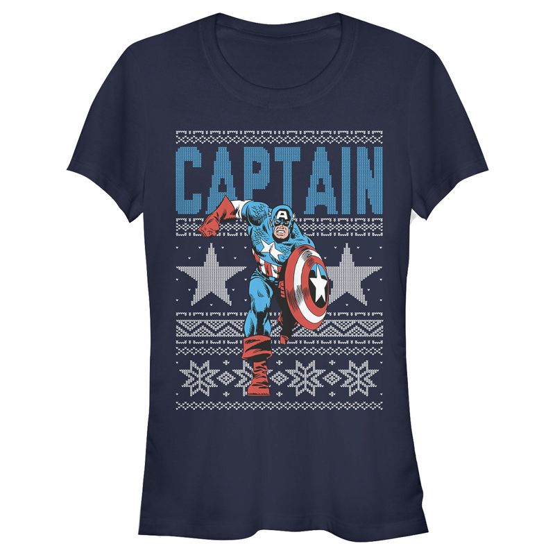 Juniors Womens Marvel Ugly Christmas Captain America Star T-Shirt, 1 of 4