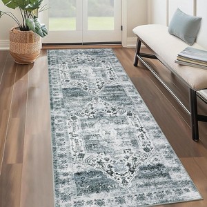Runner Rug Kitchen Hallway Entryway – Vintage Floral Oriental Design Non-Slip Stain Resistant Low Pile Floor Covering - 1 of 4