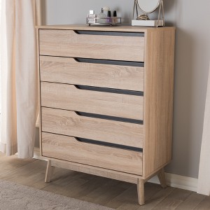 Fella Mid-Century Modern Two-Tone Wood 5 Drawer Chest Brown - Baxton Studio: Oak & Gray Finish, Bedroom Storage - 1 of 4