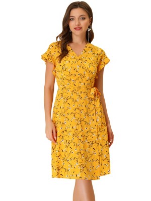Allegra K Women's Boho Flutter Sleeve V Neck Belted A-Line Wrap Midi Floral Dress