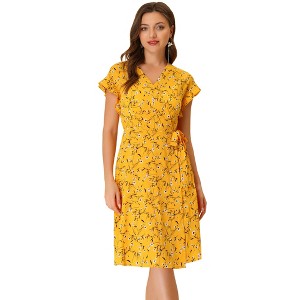 Allegra K Women's Boho Flutter Sleeve V Neck Belted A-Line Wrap Midi Floral Dress - 1 of 4